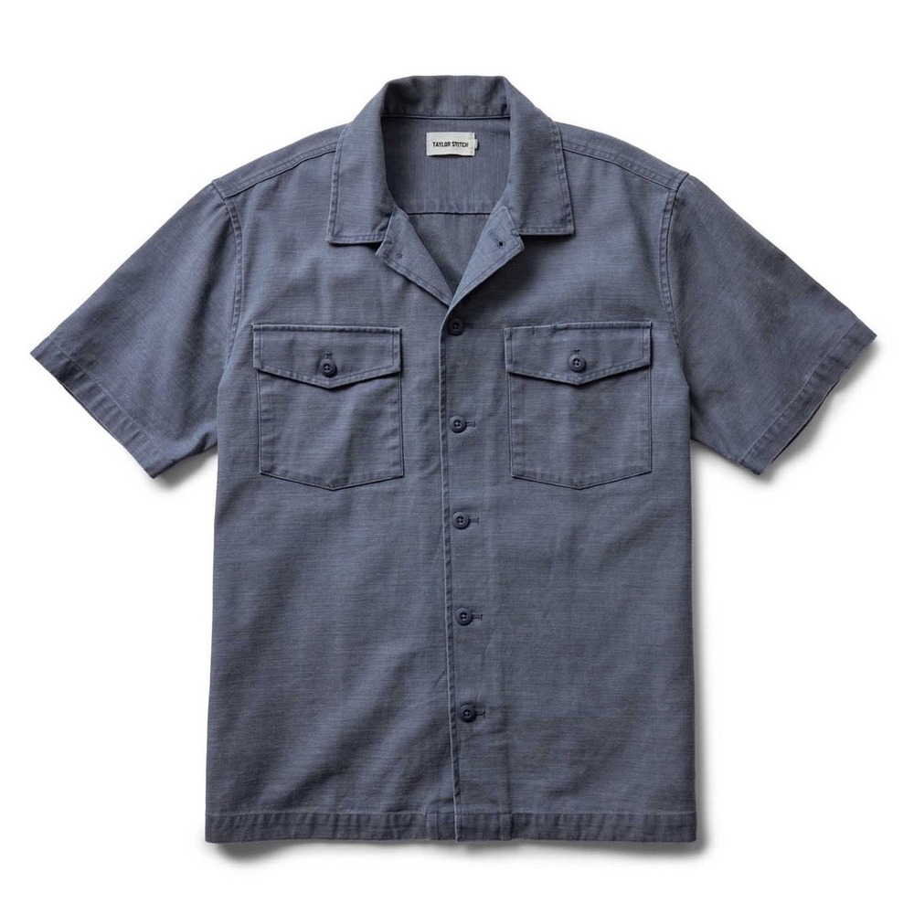 Taylor Stitch Short Sleeve Surplus Shirt Navy Reverse Sateen Gray Cotton - 40